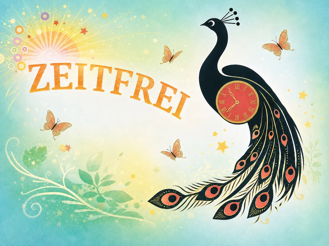 ZEITFREI!-Logo in der hellen Tag-Variante: Pfau mit Uhr blickt zur aufgehenden Sonne, umgeben von Schmetterlingen, der Schriftzug in warmem Orange
